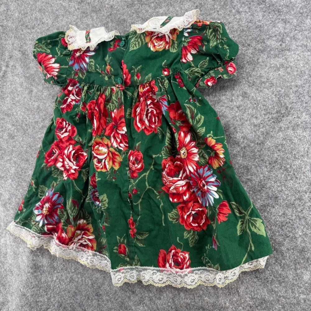 Jo Lene Floral Rose Dress Kids Size 2T Green Red Lace Trim Vintage Style USA